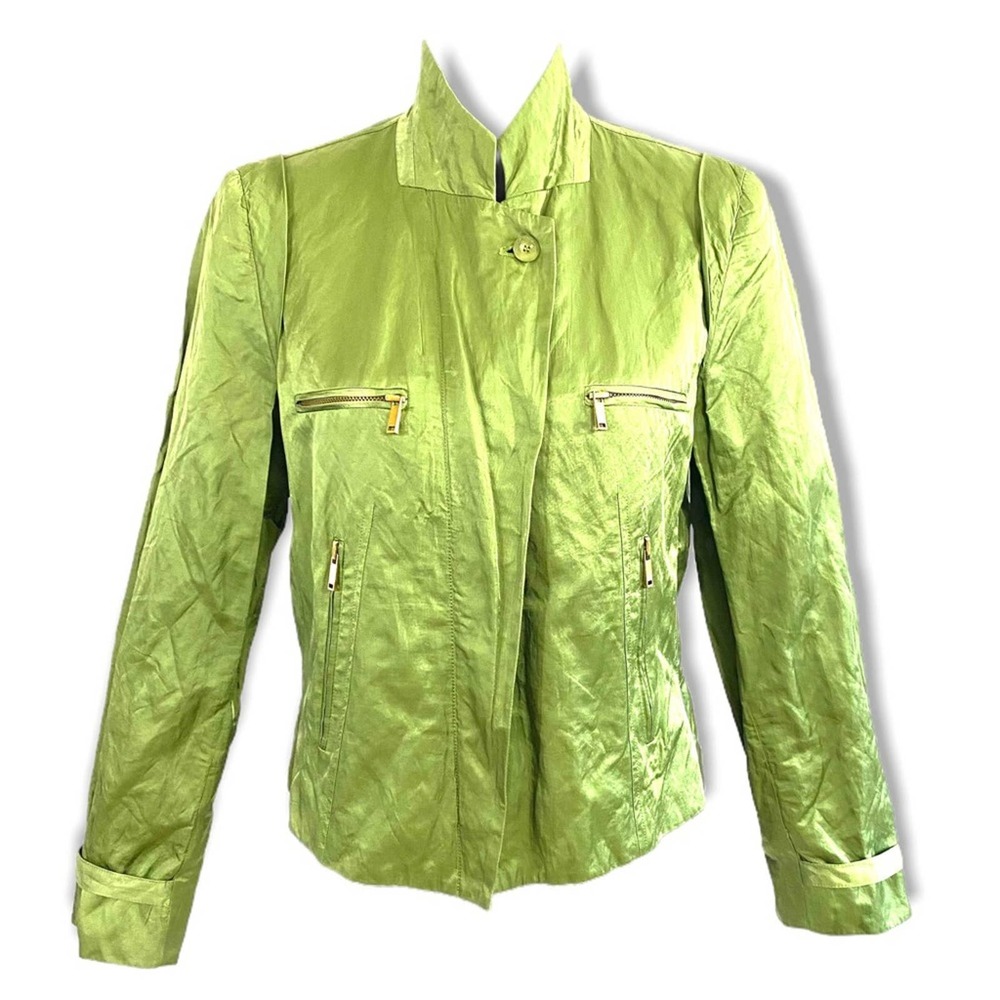 Carlisle Jewel Tone Green Silky Zip Front Gold Accent Satin Jacket